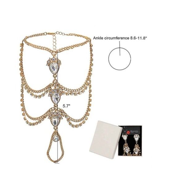 Yellow Gold and White Diamond Cubic Zirconia Adjustable Foot Chains - Set of 2 - Picture 6 of 6